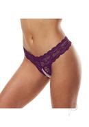 Secret Kisses Lace And Pearl Crotchless Thong - S/m - Purple